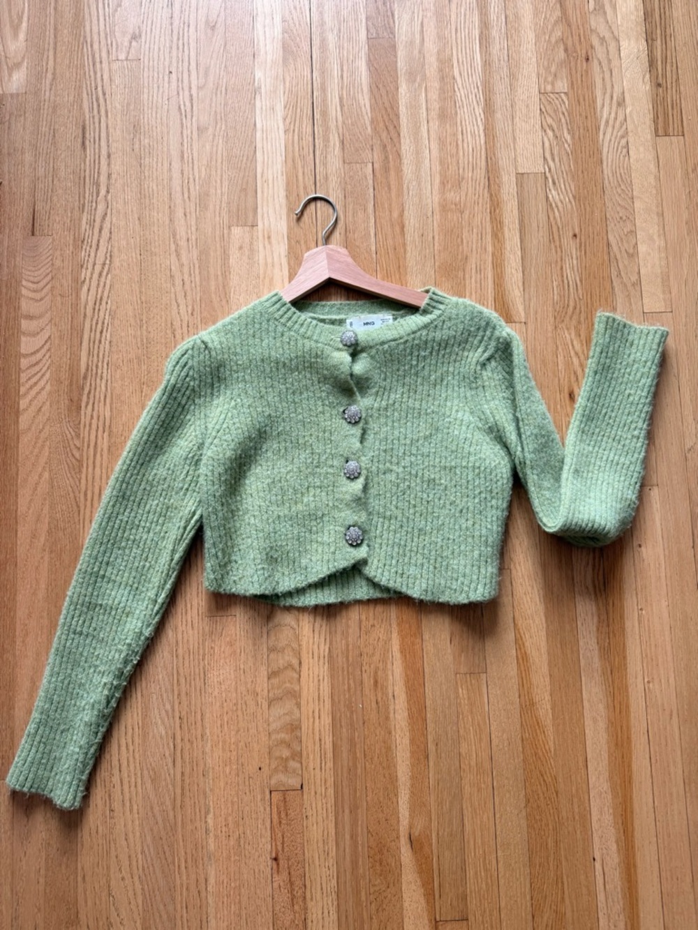 Mango Light Green Cropped Button Ribbed Cardigan